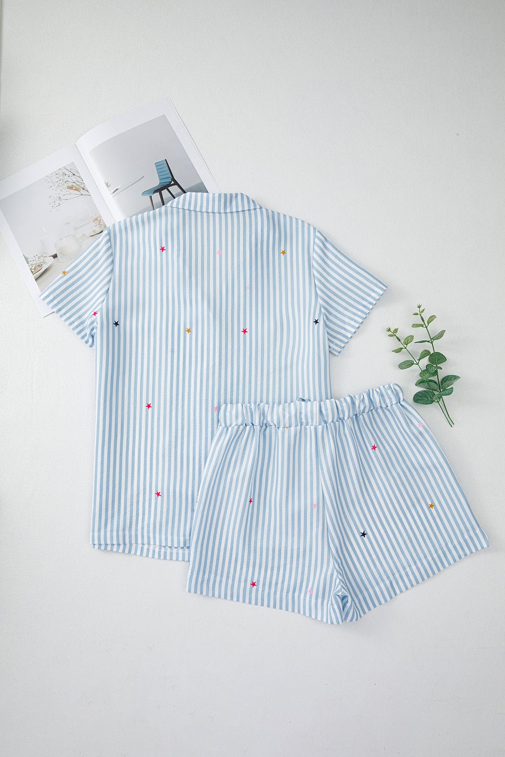 Sky Blue Stripe Button Up Lapel Collared Top and Shorts Set - MAD RUFFI