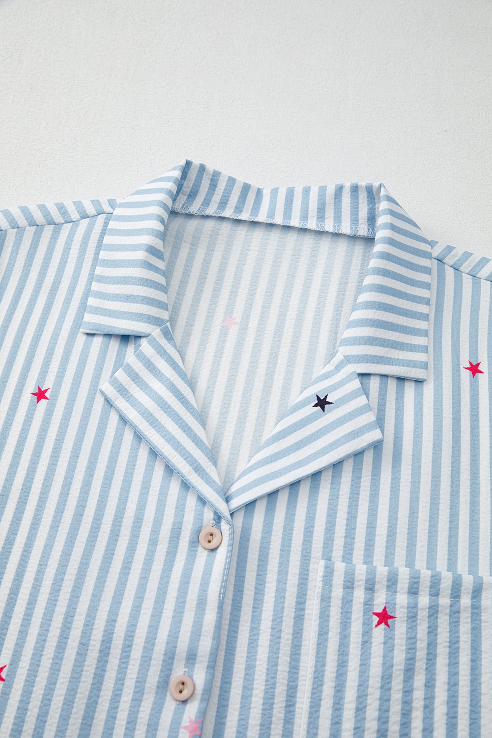 Sky Blue Stripe Button Up Lapel Collared Top and Shorts Set - MAD RUFFI