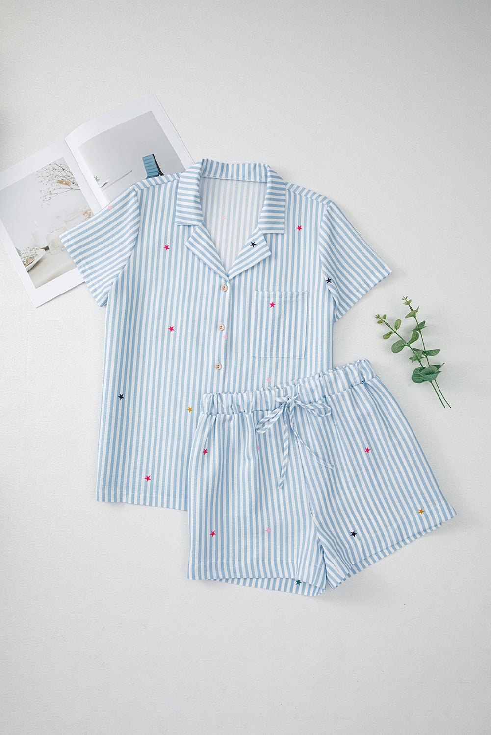 Sky Blue Stripe Button Up Lapel Collared Top and Shorts Set - MAD RUFFI