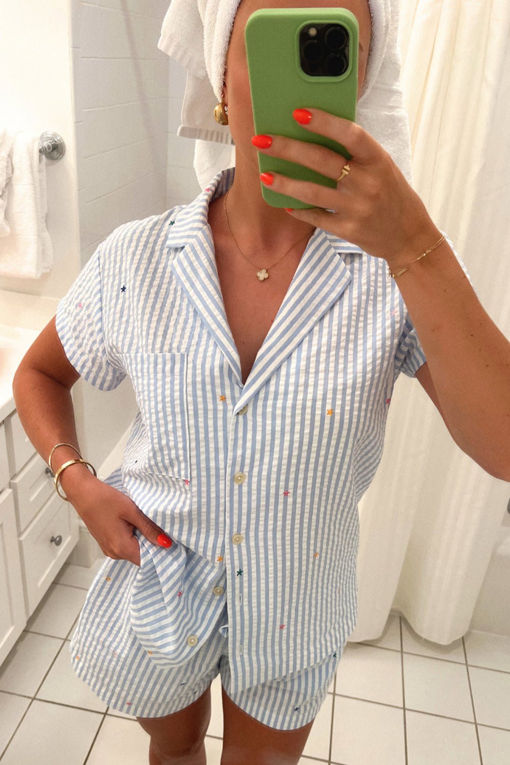 Sky Blue Stripe Button Up Lapel Collared Top and Shorts Set - MAD RUFFI