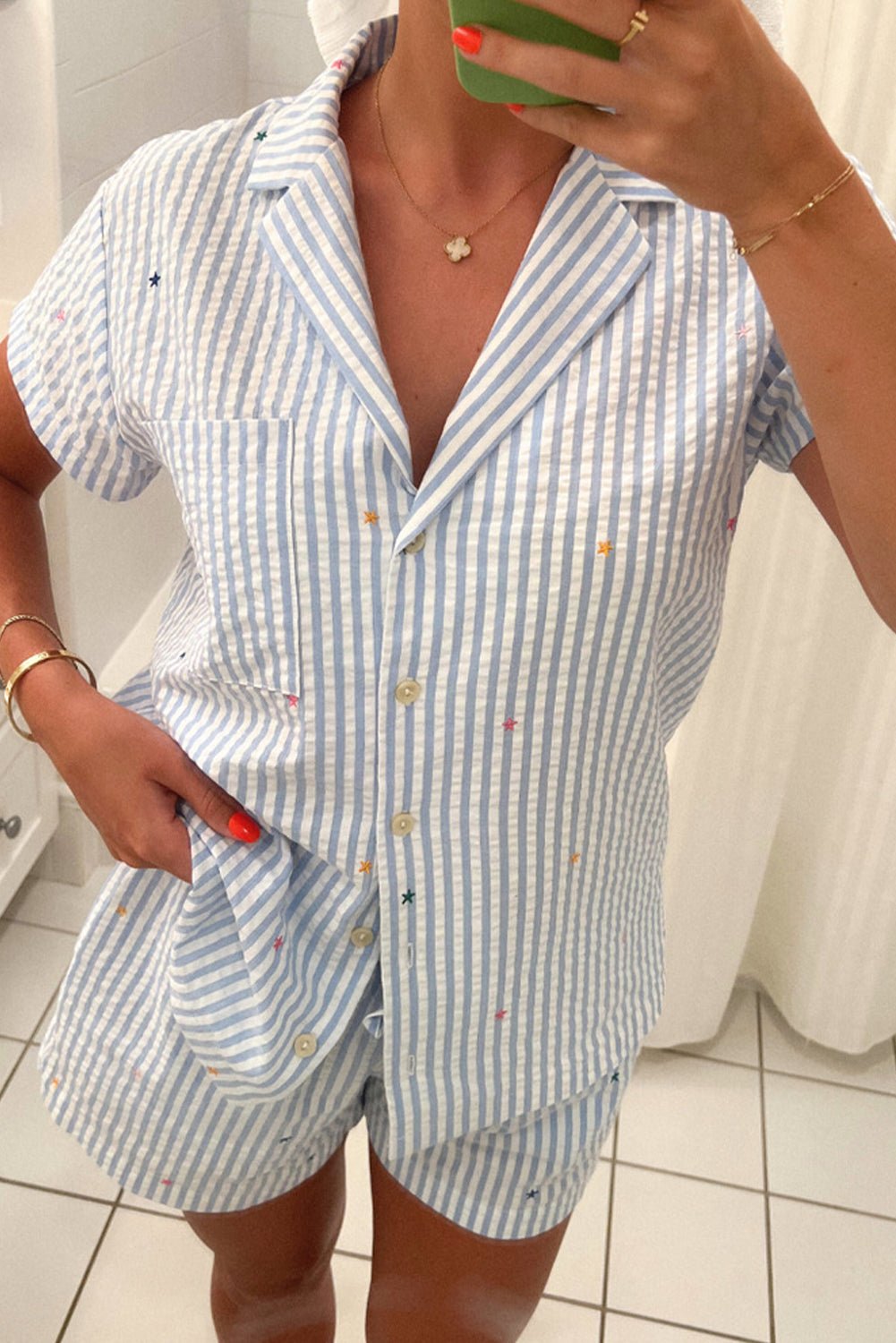 Sky Blue Stripe Button Up Lapel Collared Top and Shorts Set - MAD RUFFI