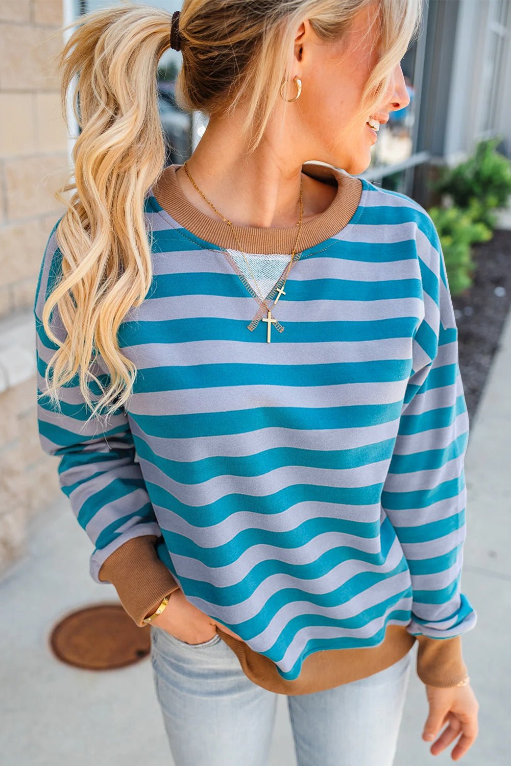 Sky Blue Stripe Contrast Color Ribbed Trim Round Neck Drop Shoulder Sweatshirt - MAD RUFFI