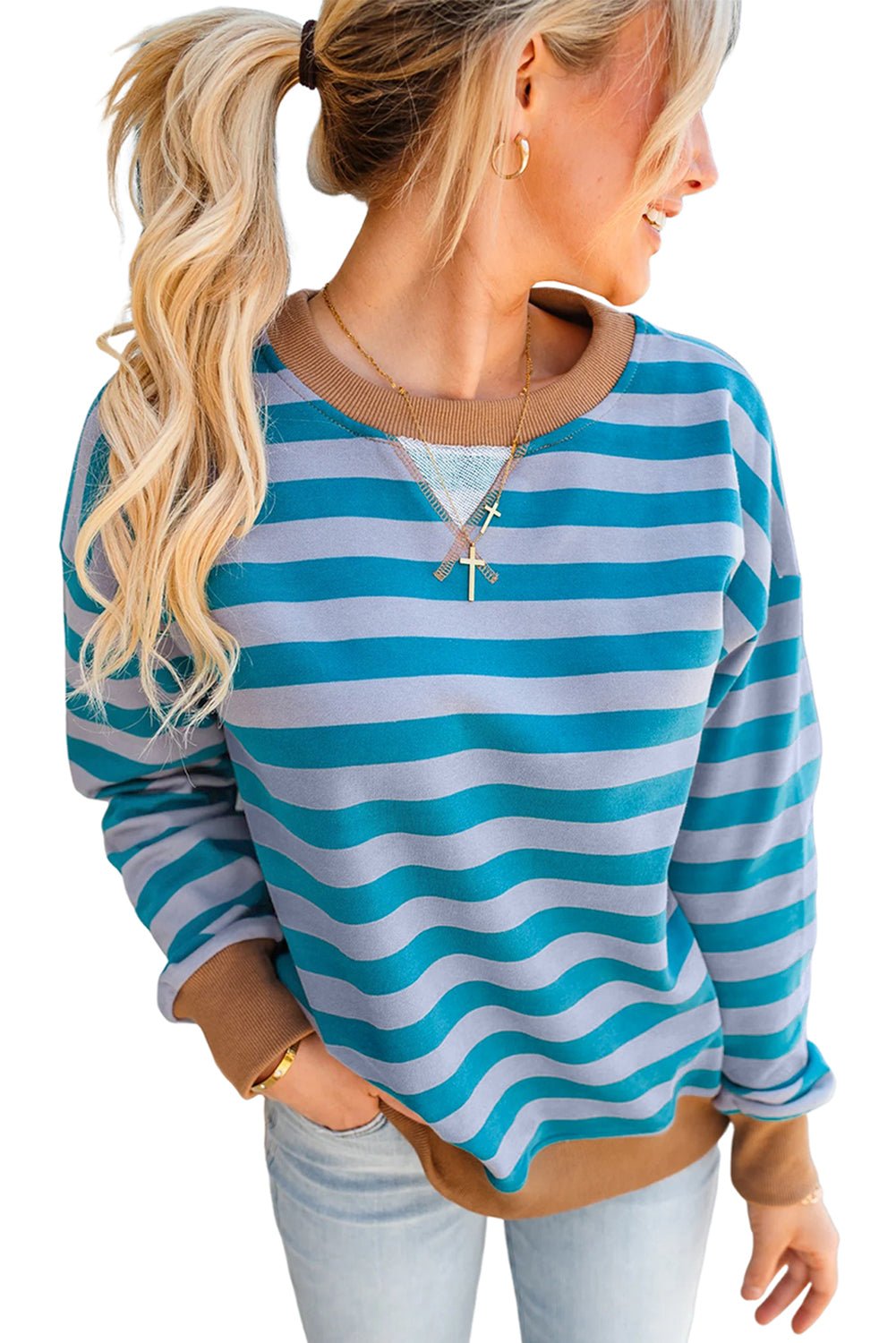 Sky Blue Stripe Contrast Color Ribbed Trim Round Neck Drop Shoulder Sweatshirt - MAD RUFFI