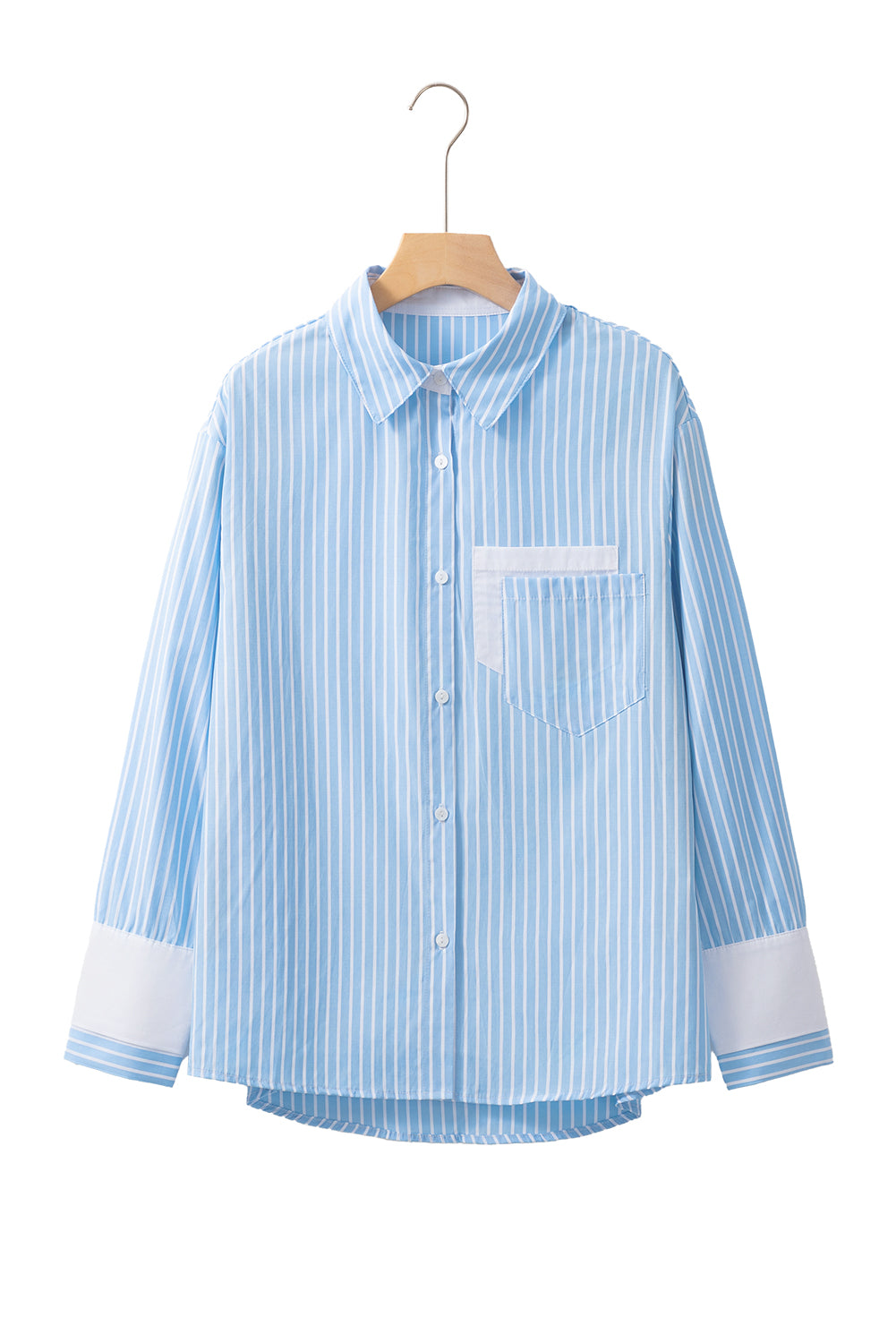 Sky Blue Stripe Contrast Patch Pocket Casual Shirt - MAD RUFFI