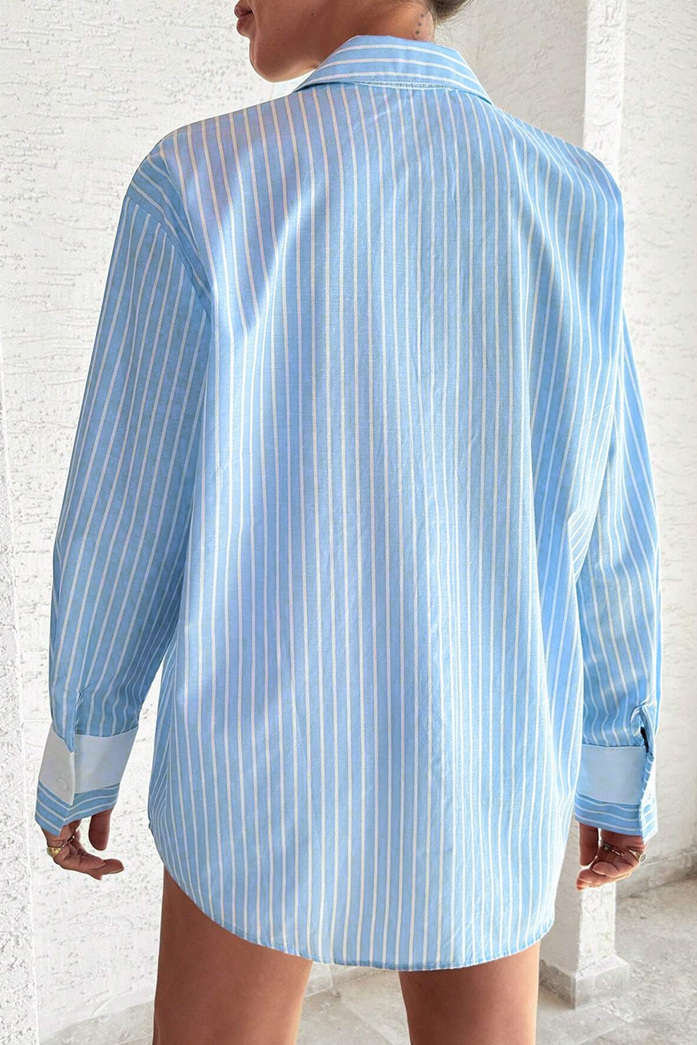 Sky Blue Stripe Contrast Patch Pocket Casual Shirt - MAD RUFFI