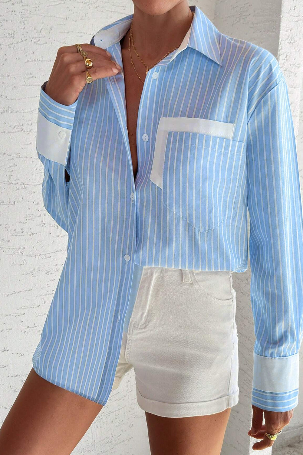 Sky Blue Stripe Contrast Patch Pocket Casual Shirt - MAD RUFFI