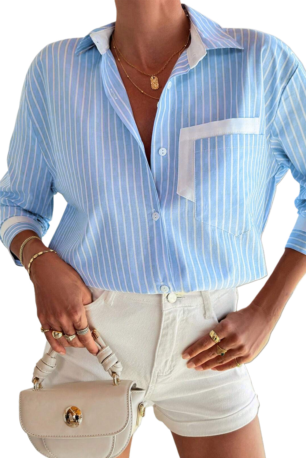 Sky Blue Stripe Contrast Patch Pocket Casual Shirt - MAD RUFFI