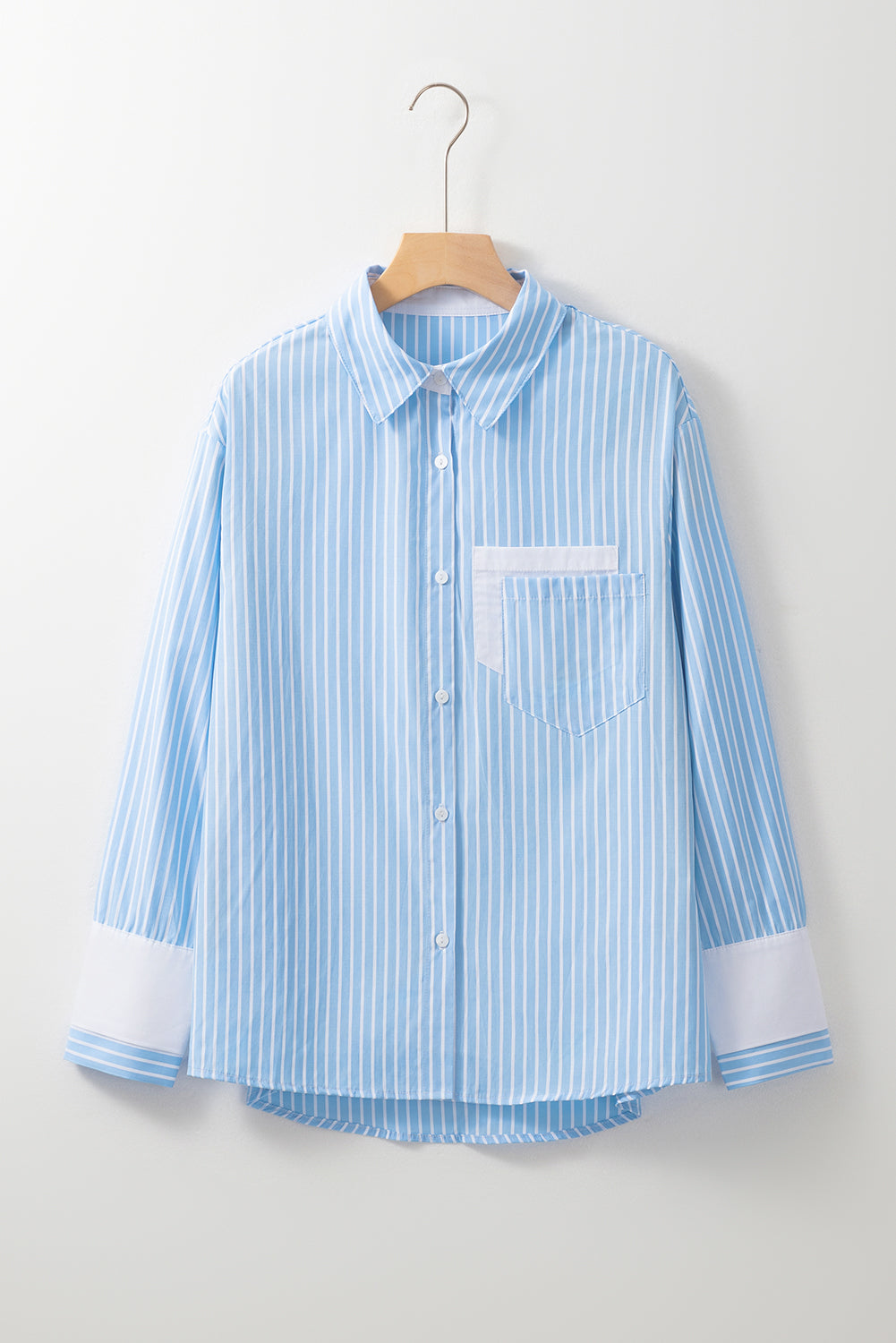 Sky Blue Stripe Contrast Patch Pocket Casual Shirt - MAD RUFFI