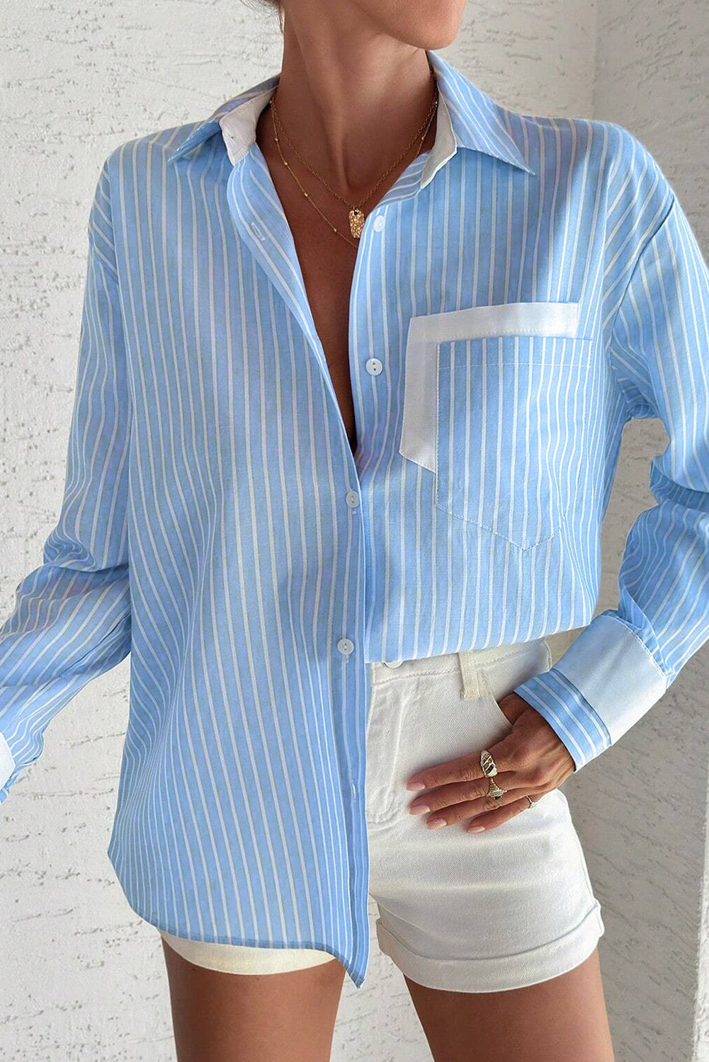 Sky Blue Stripe Contrast Patch Pocket Casual Shirt - MAD RUFFI