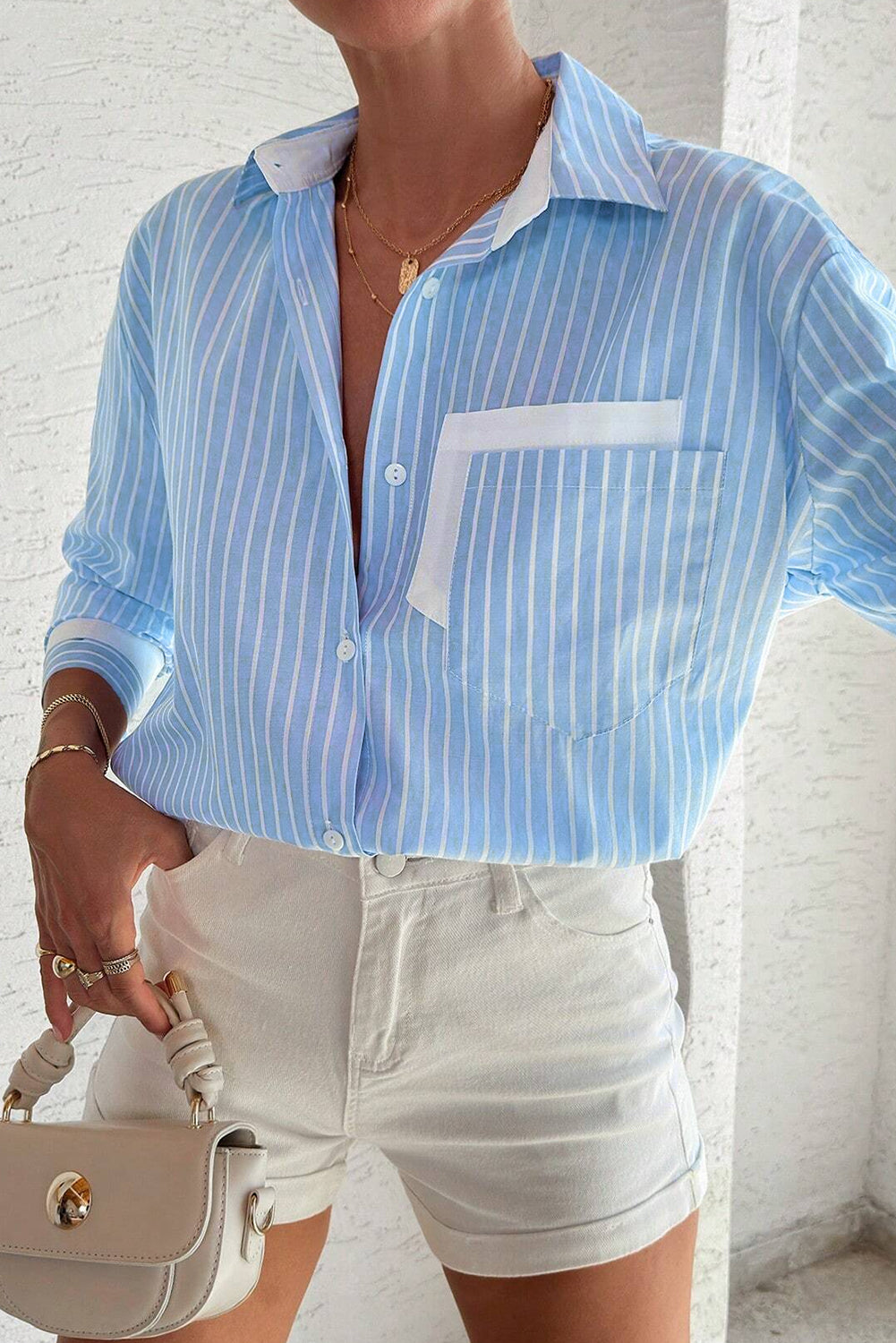 Sky Blue Stripe Contrast Patch Pocket Casual Shirt - MAD RUFFI