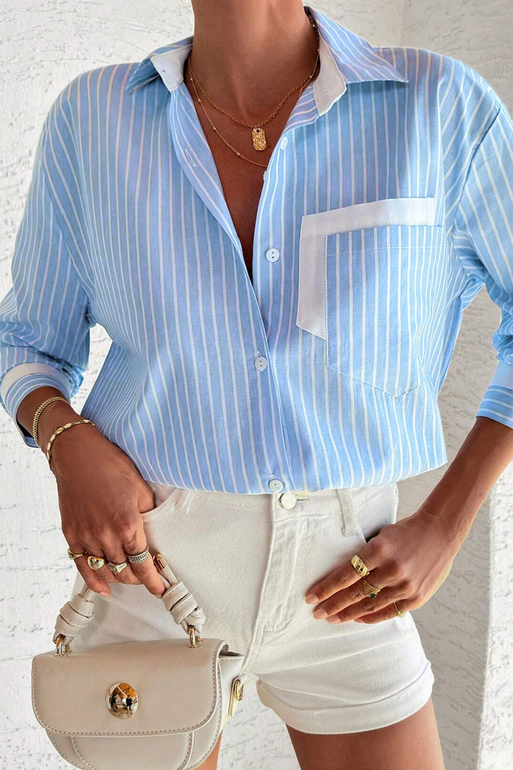 Sky Blue Stripe Contrast Patch Pocket Casual Shirt - MAD RUFFI