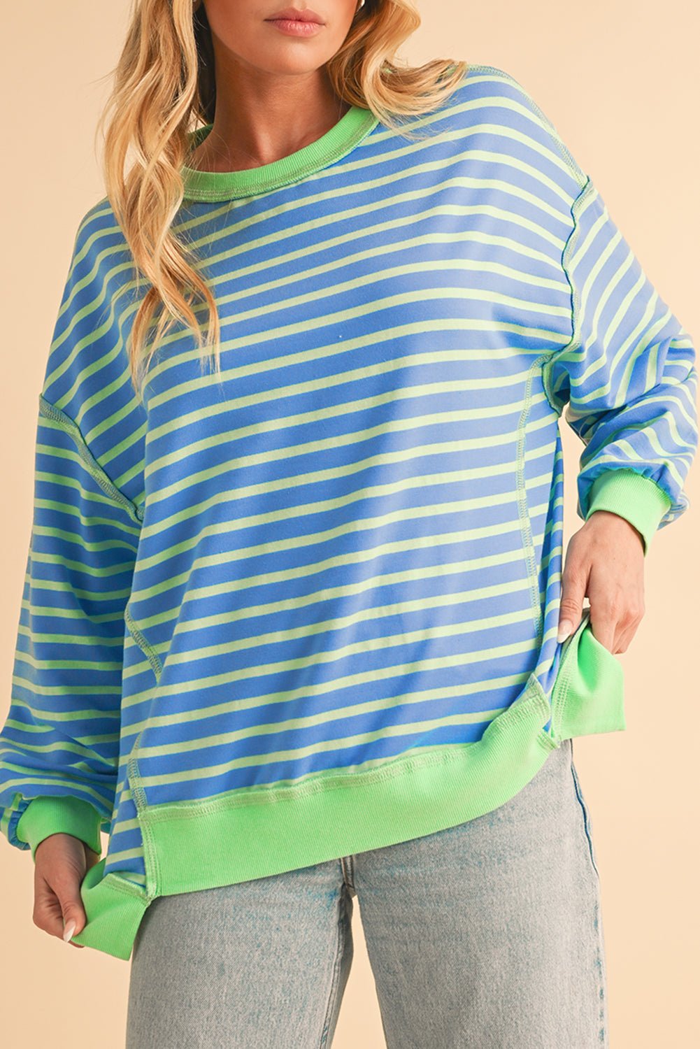 Sky Blue Stripe Contrast Trim High Low Tunic Sweatshirt - MAD RUFFI