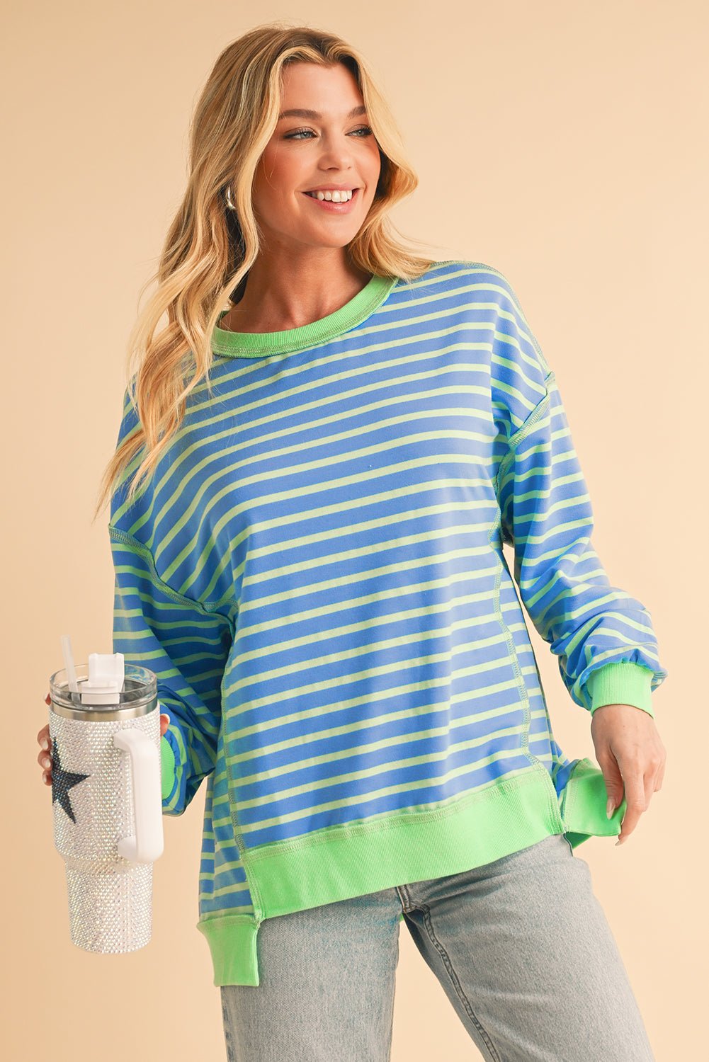 Sky Blue Stripe Contrast Trim High Low Tunic Sweatshirt - MAD RUFFI
