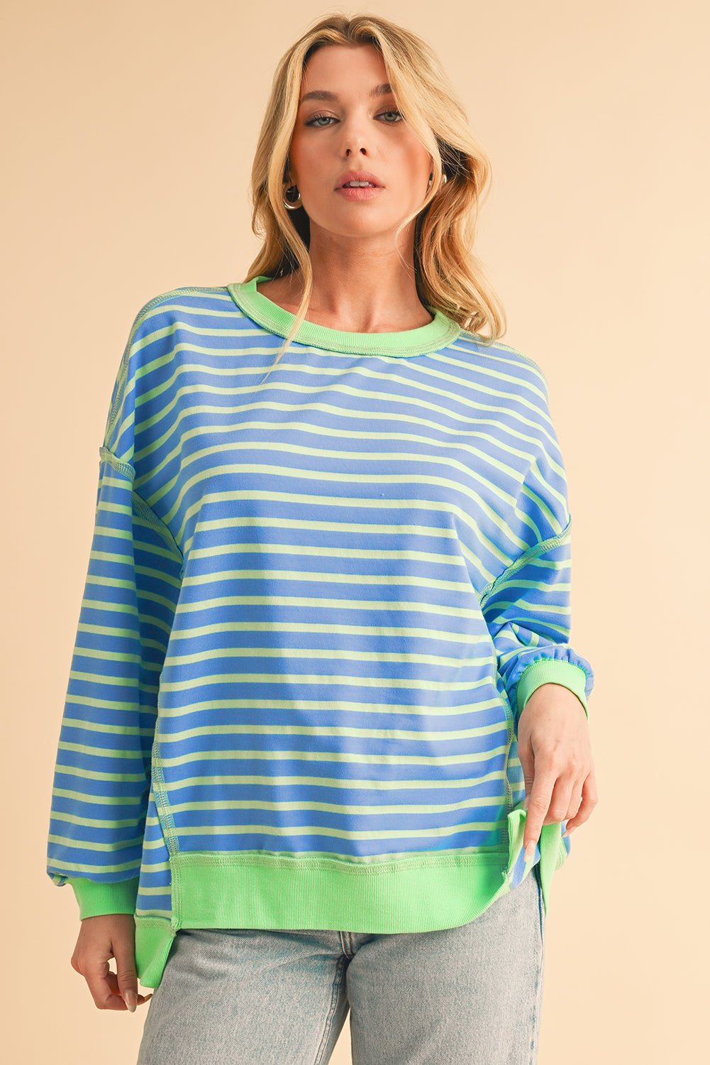 Sky Blue Stripe Contrast Trim High Low Tunic Sweatshirt - MAD RUFFI