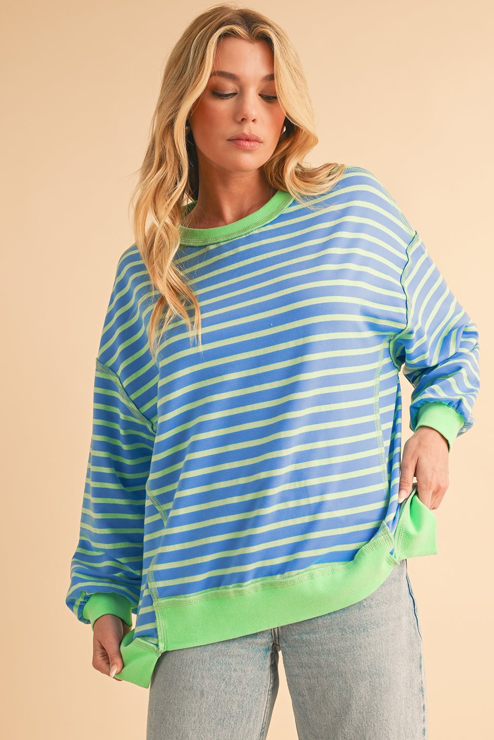 Sky Blue Stripe Contrast Trim High Low Tunic Sweatshirt - MAD RUFFI