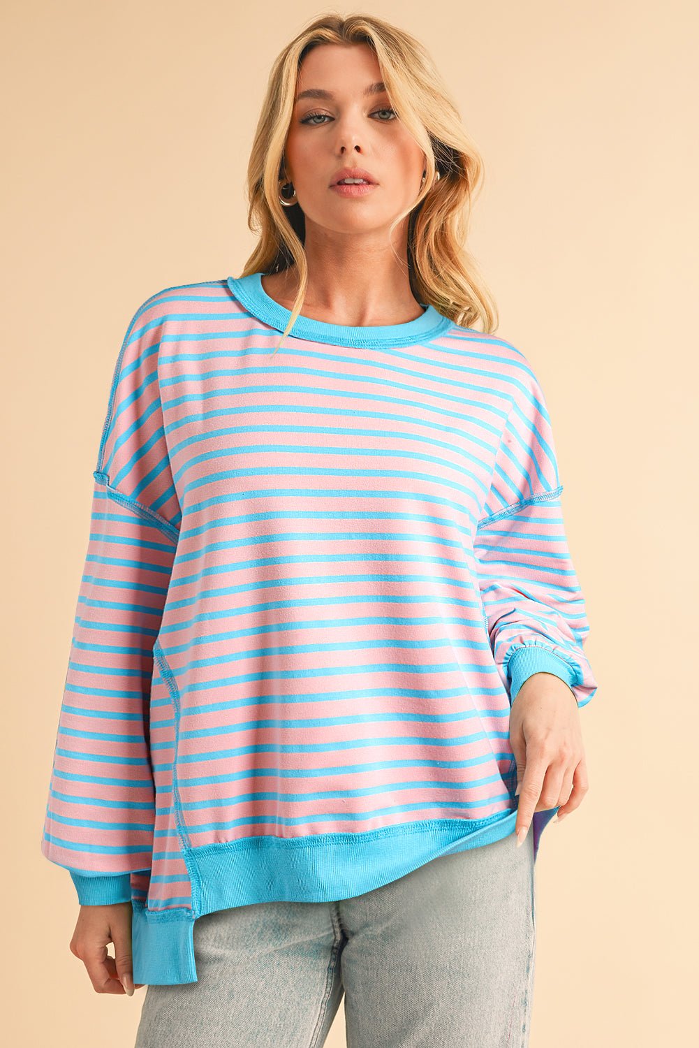 Sky Blue Stripe Contrast Trim High Low Tunic Sweatshirt - MAD RUFFI