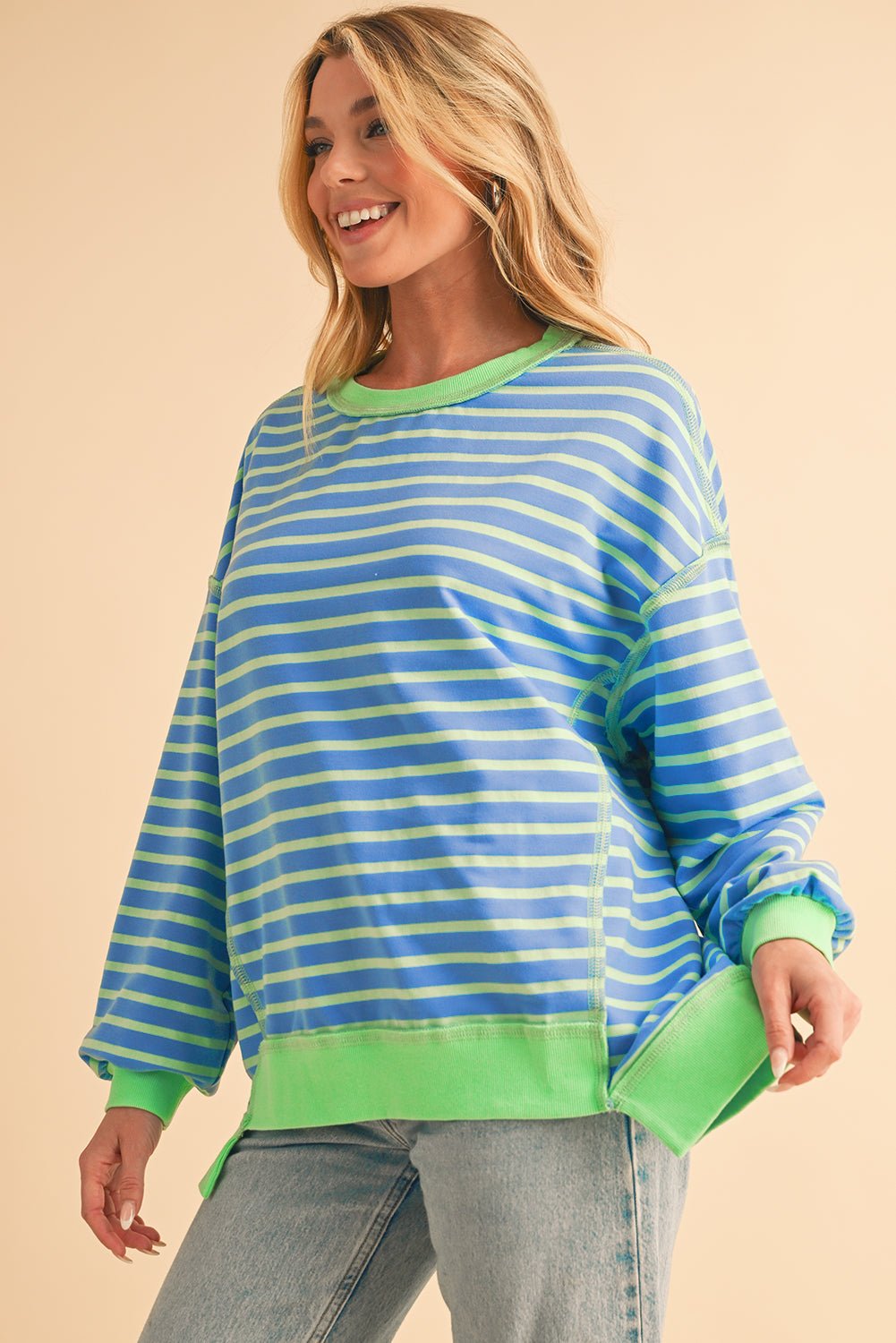 Sky Blue Stripe Contrast Trim High Low Tunic Sweatshirt - MAD RUFFI