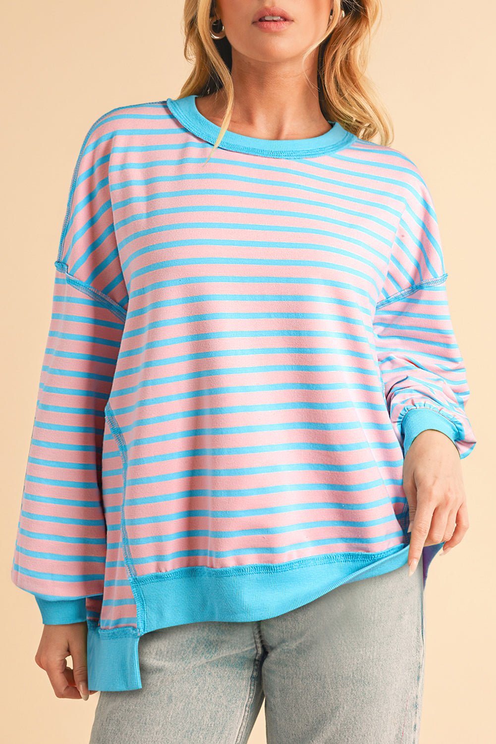 Sky Blue Stripe Contrast Trim High Low Tunic Sweatshirt - MAD RUFFI