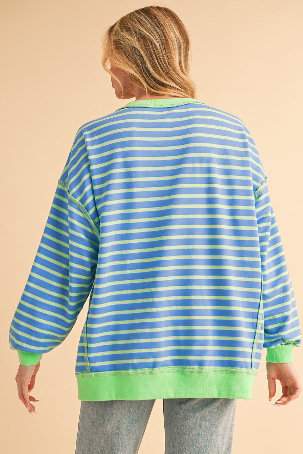 Sky Blue Stripe Contrast Trim High Low Tunic Sweatshirt - MAD RUFFI
