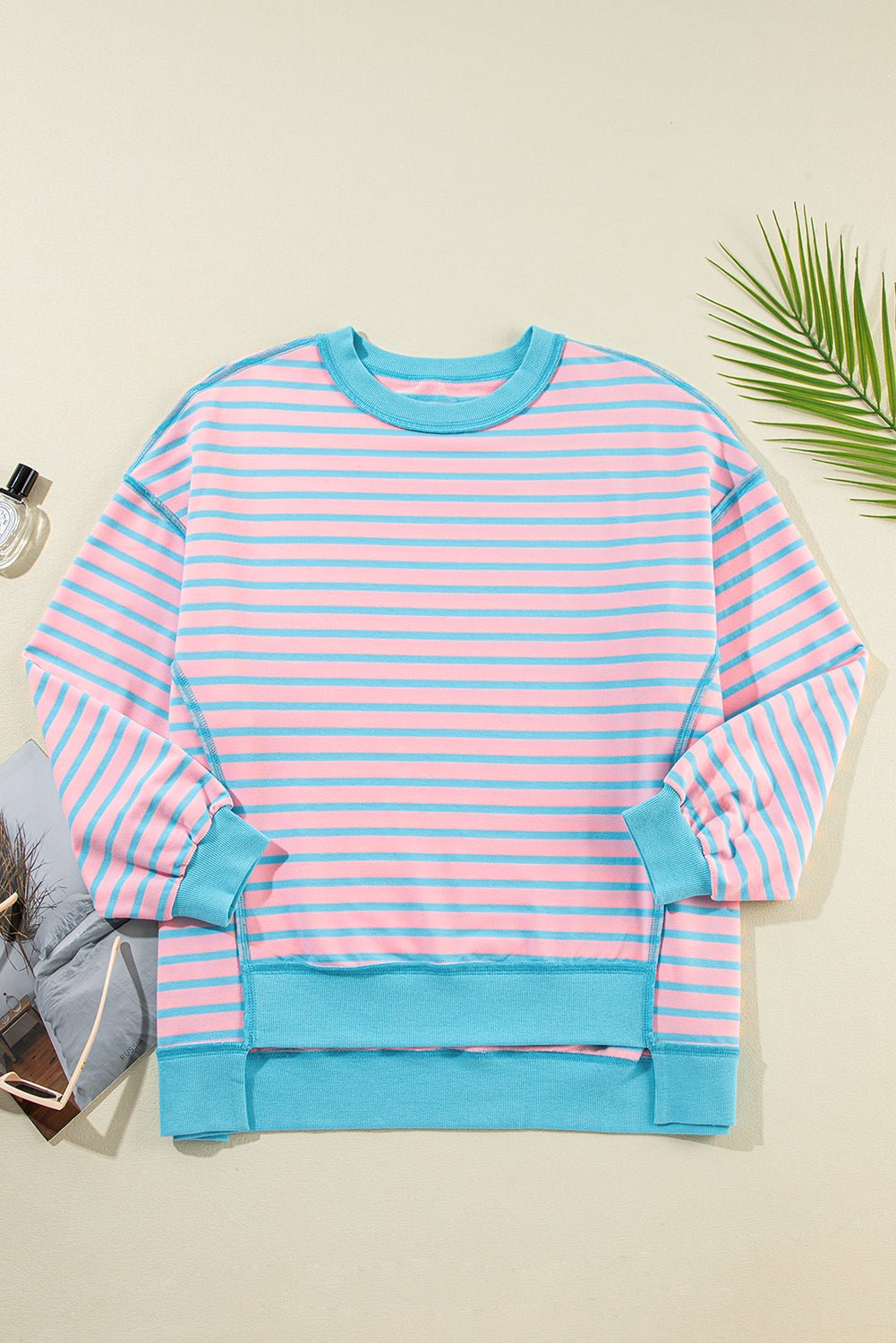Sky Blue Stripe Contrast Trim High Low Tunic Sweatshirt - MAD RUFFI