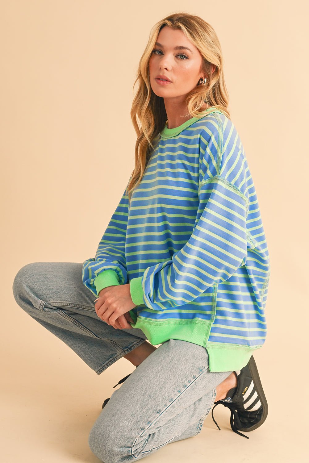 Sky Blue Stripe Contrast Trim High Low Tunic Sweatshirt - MAD RUFFI