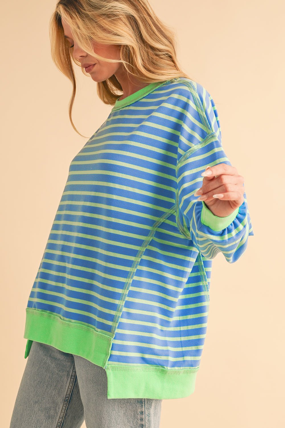 Sky Blue Stripe Contrast Trim High Low Tunic Sweatshirt - MAD RUFFI