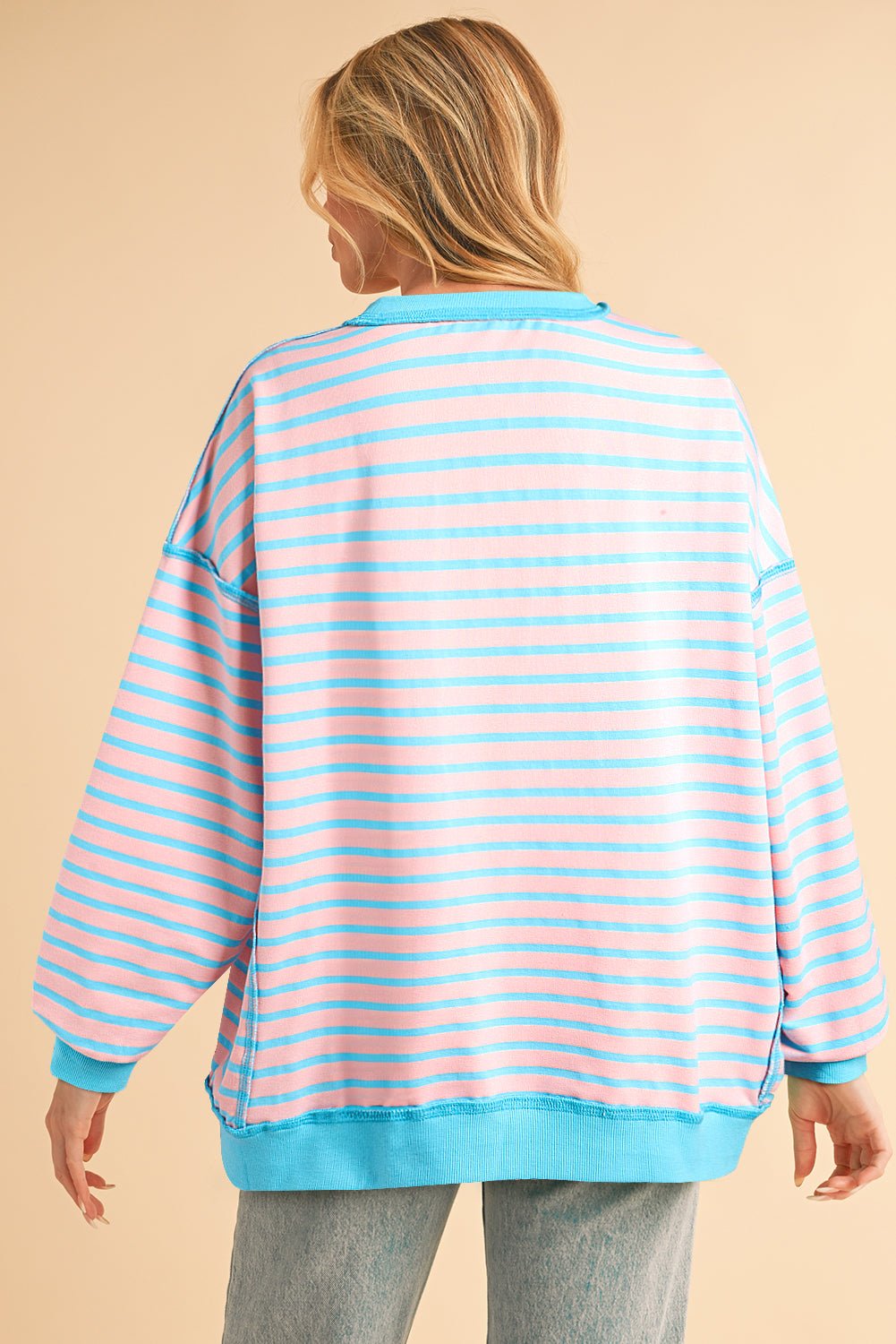 Sky Blue Stripe Contrast Trim High Low Tunic Sweatshirt - MAD RUFFI