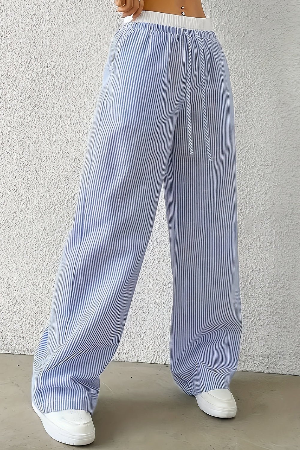 sky blue stripe drawstring high waist pants - MAD RUFFI
