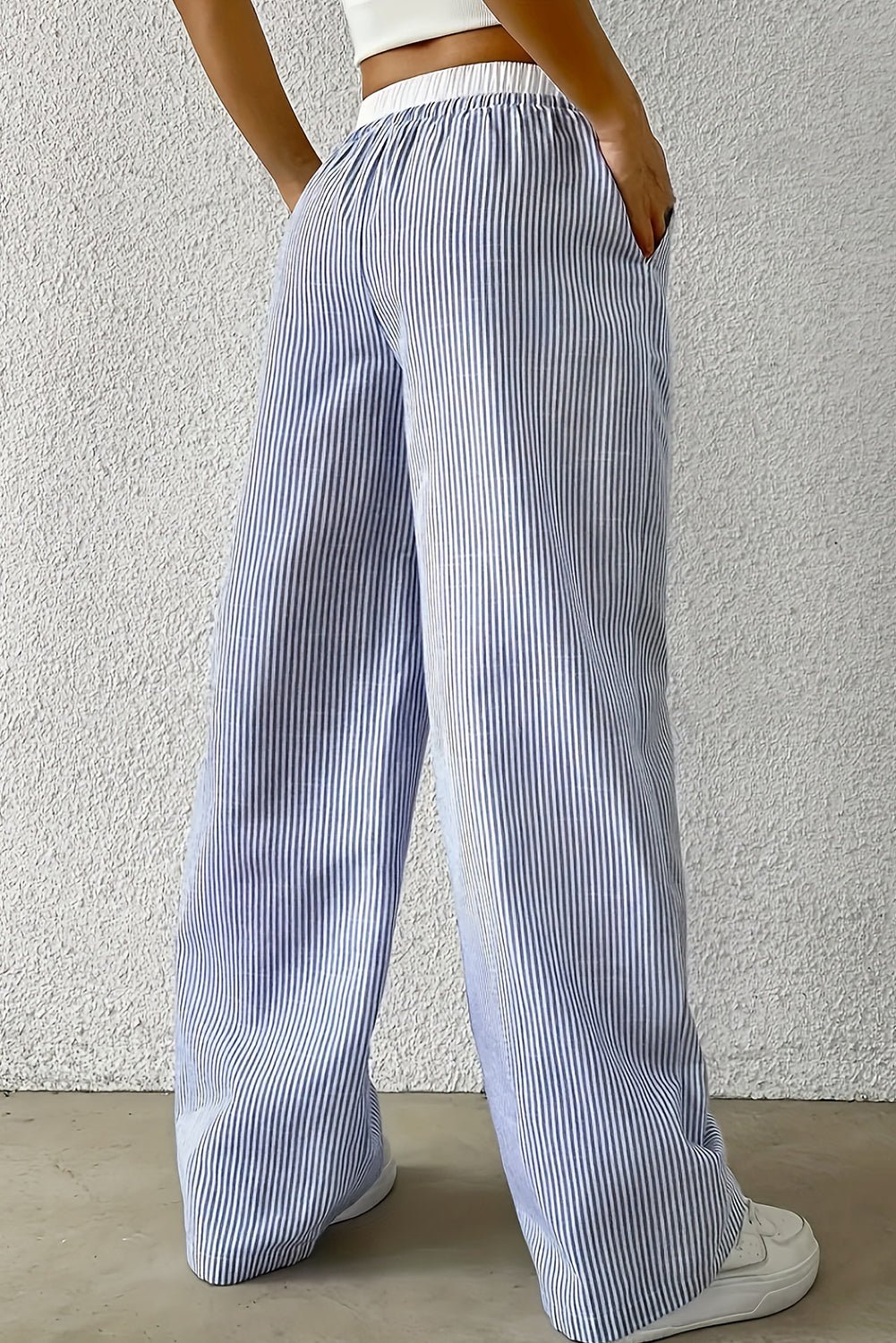 sky blue stripe drawstring high waist pants - MAD RUFFI