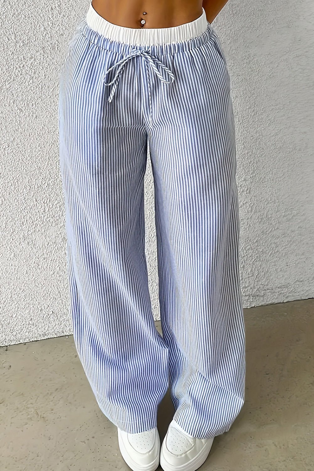 sky blue stripe drawstring high waist pants - MAD RUFFI
