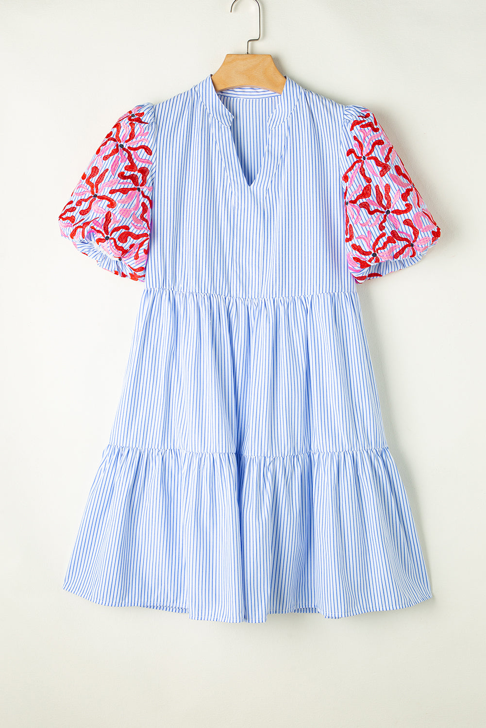 Sky Blue Stripe Floral Puff Sleeve Ruffle Tiered Dress - MAD RUFFI