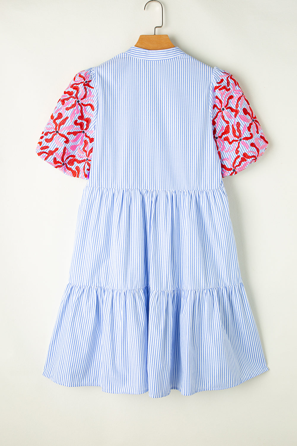 Sky Blue Stripe Floral Puff Sleeve Ruffle Tiered Dress - MAD RUFFI