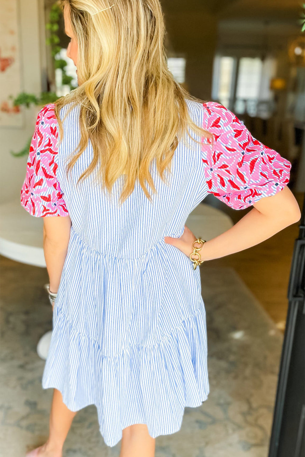 Sky Blue Stripe Floral Puff Sleeve Ruffle Tiered Dress - MAD RUFFI