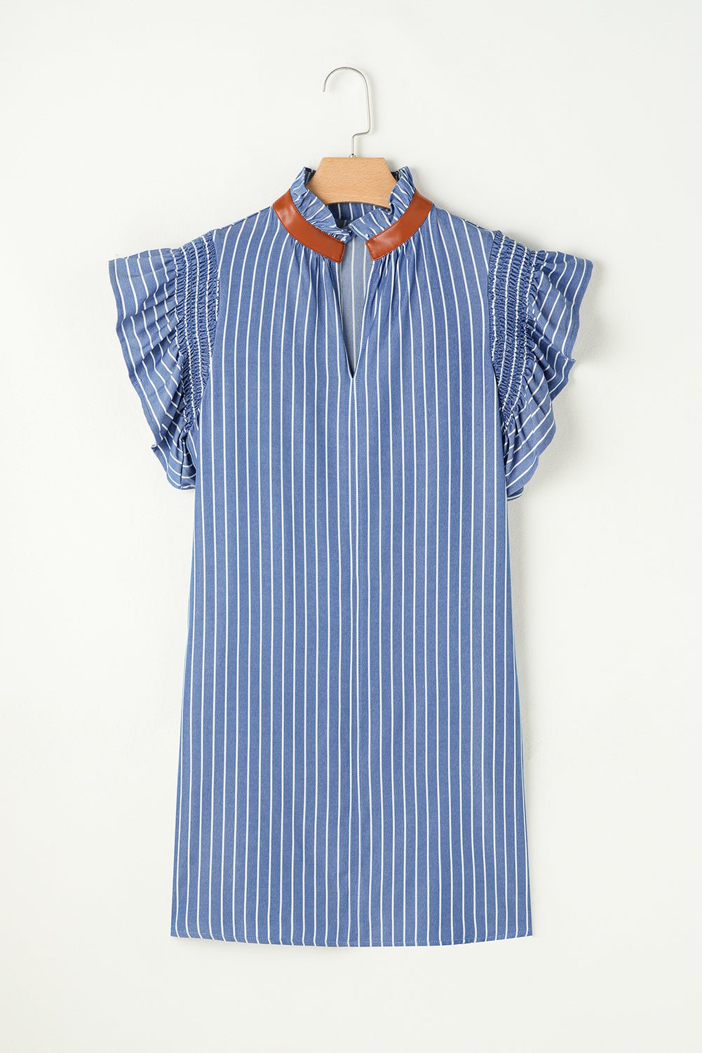 Sky Blue Stripe Frilly Split Neck Shirred Ruffle Sleeve Mini Shift Dress - MAD RUFFI