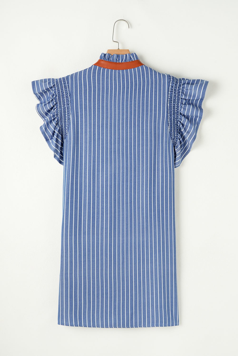 Sky Blue Stripe Frilly Split Neck Shirred Ruffle Sleeve Mini Shift Dress - MAD RUFFI