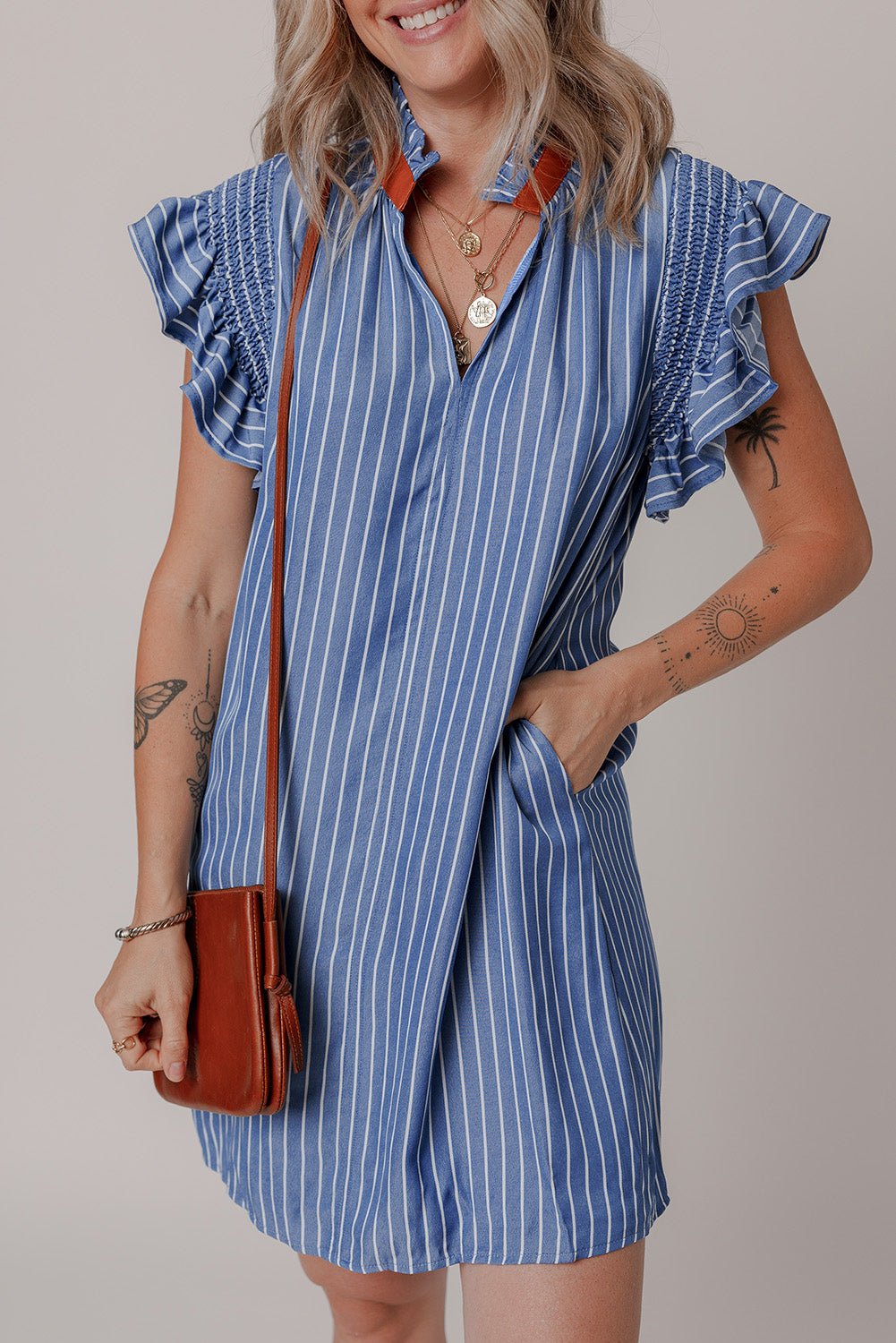 Sky Blue Stripe Frilly Split Neck Shirred Ruffle Sleeve Mini Shift Dress - MAD RUFFI