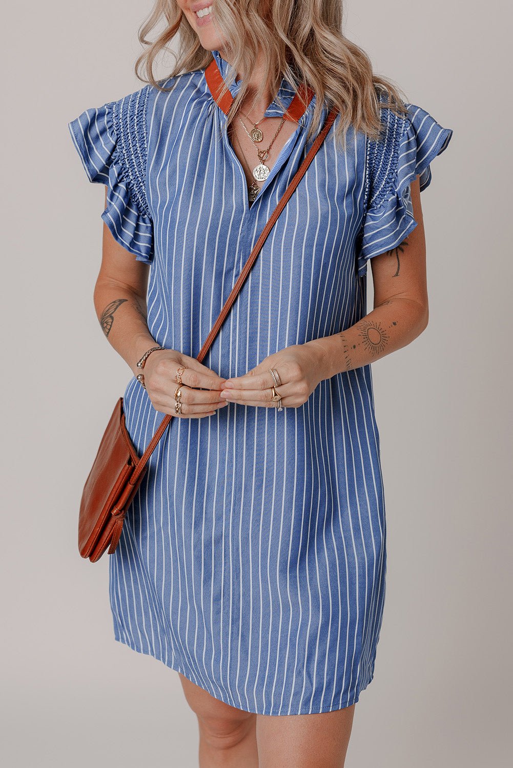 Sky Blue Stripe Frilly Split Neck Shirred Ruffle Sleeve Mini Shift Dress - MAD RUFFI