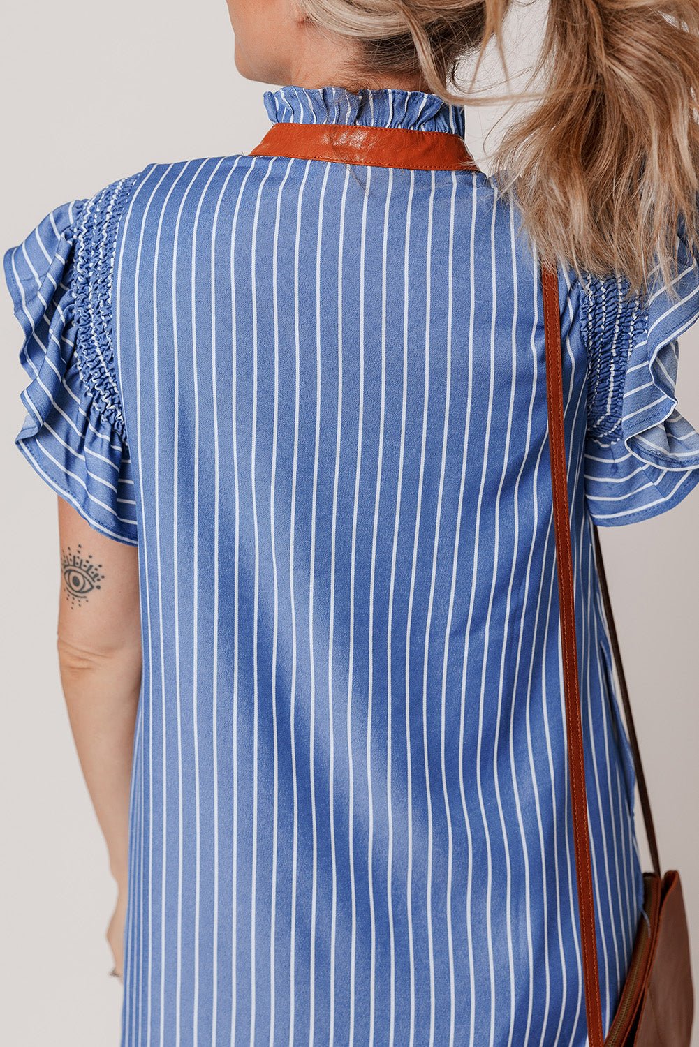 Sky Blue Stripe Frilly Split Neck Shirred Ruffle Sleeve Mini Shift Dress - MAD RUFFI