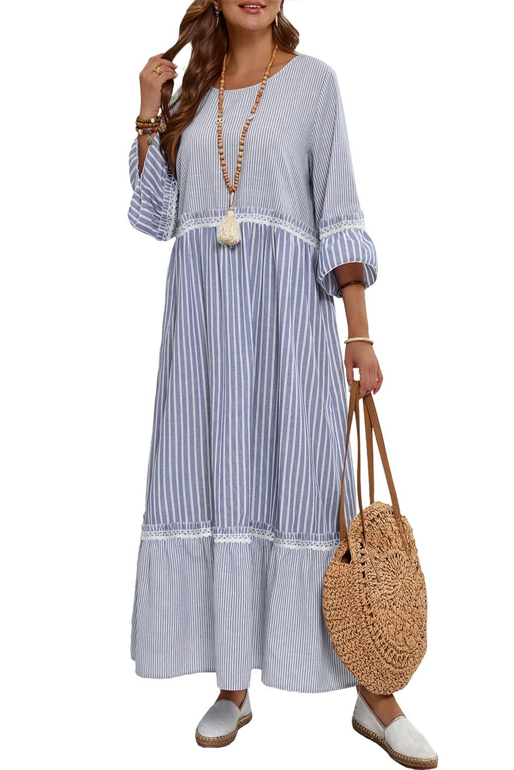 Sky Blue Stripe Patchwork Lace Detail Bracelet Sleeve Maxi Dress - MAD RUFFI