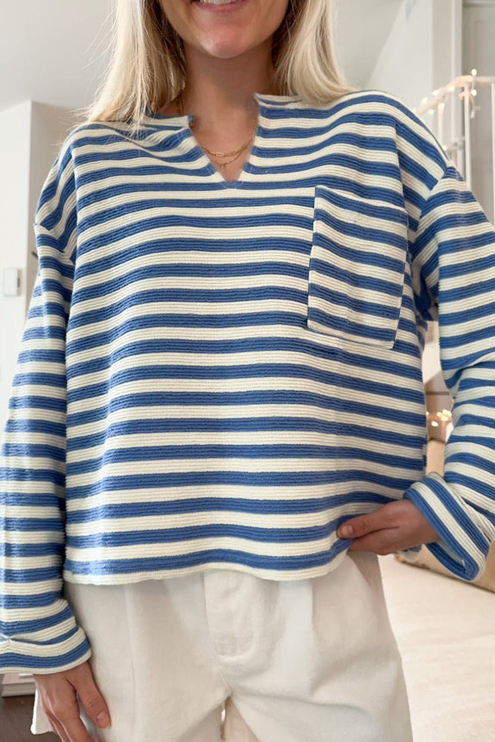 Sky Blue Stripe Pocket Buttoned Back Notched V Neck Top - MAD RUFFI