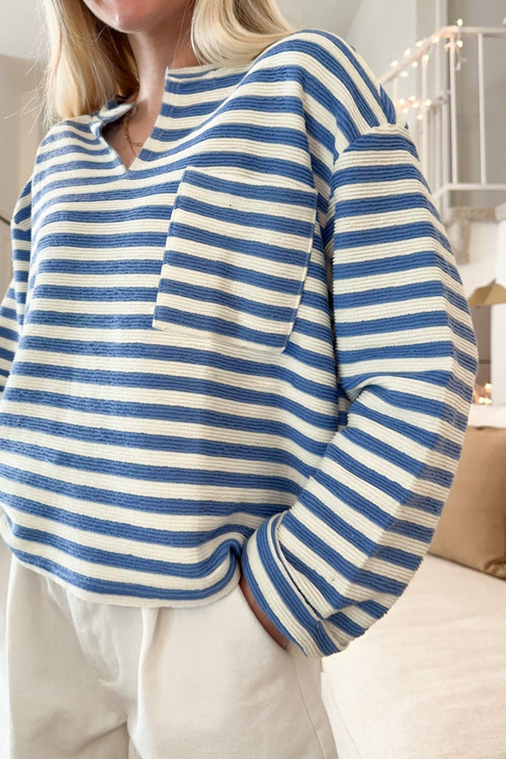 Sky Blue Stripe Pocket Buttoned Back Notched V Neck Top - MAD RUFFI