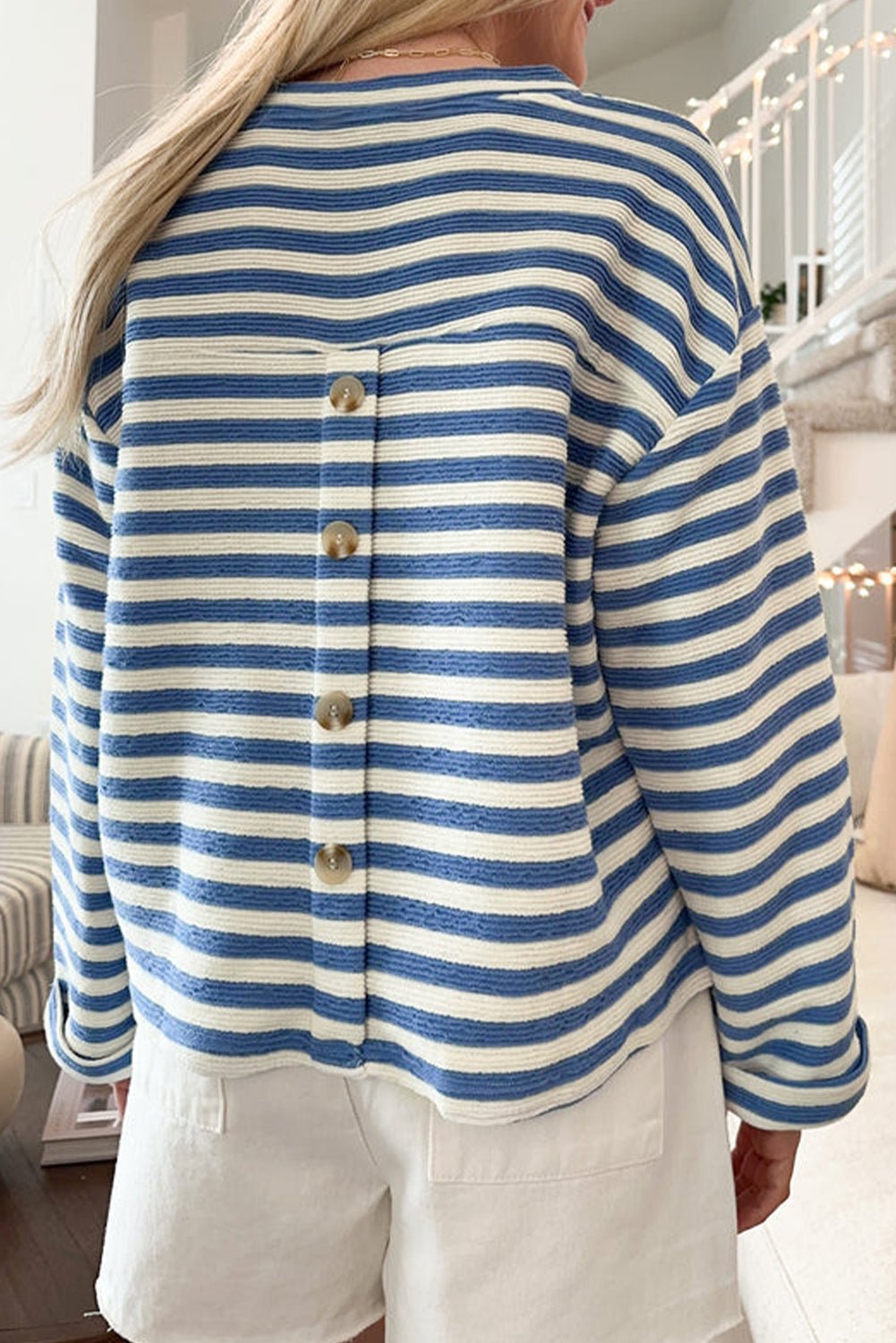 Sky Blue Stripe Pocket Buttoned Back Notched V Neck Top - MAD RUFFI