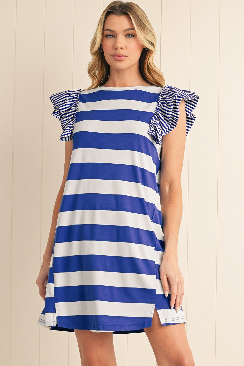 Sky Blue Stripe Ruffle Sleeve T Shirt Dress - MAD RUFFI