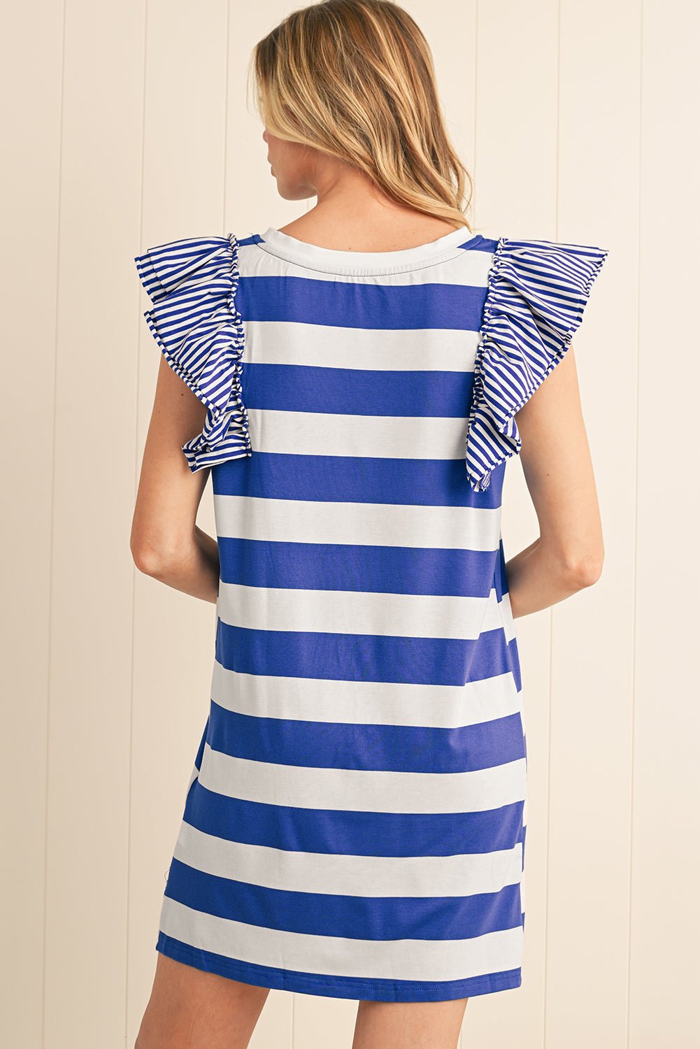 Sky Blue Stripe Ruffle Sleeve T Shirt Dress - MAD RUFFI