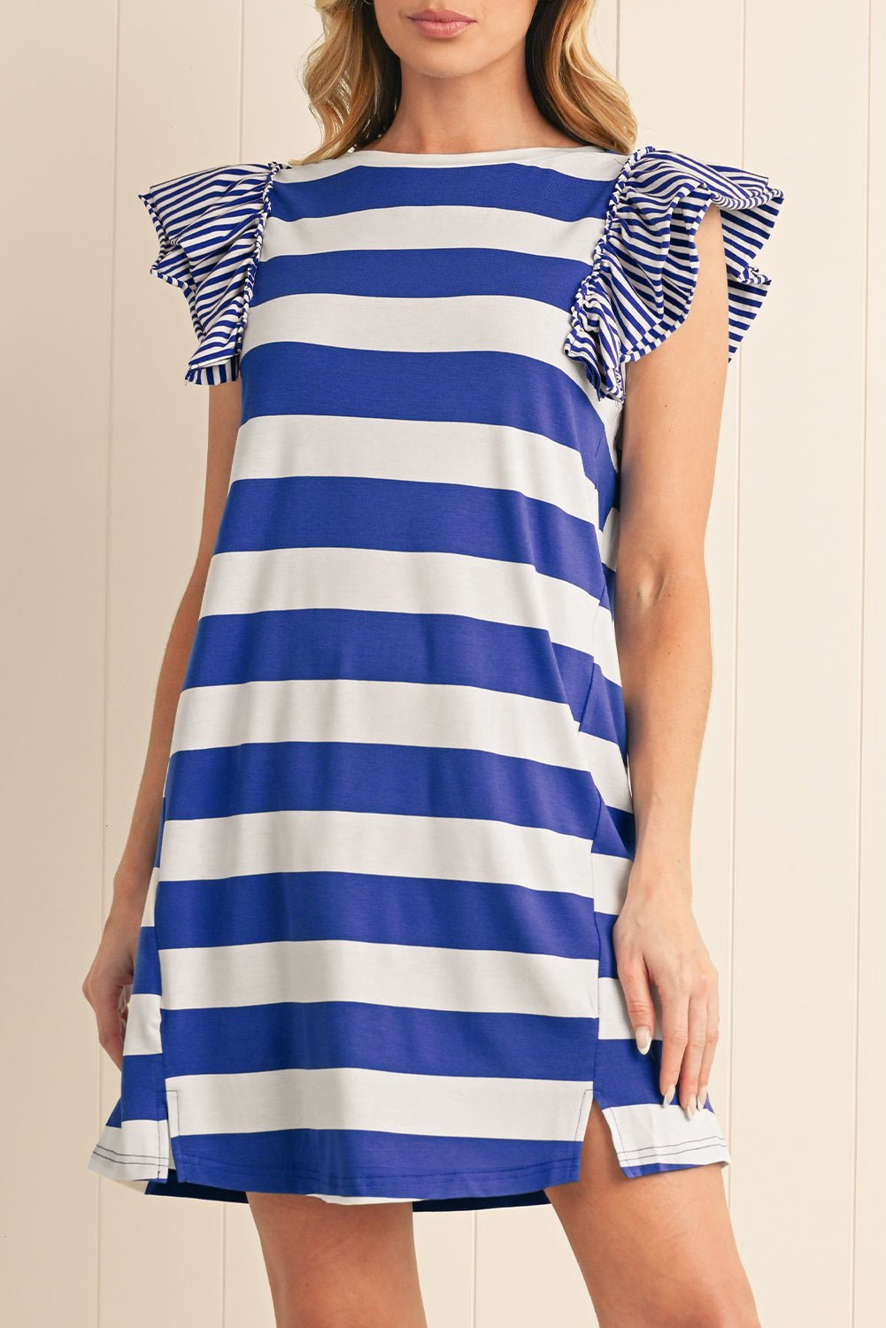 Sky Blue Stripe Ruffle Sleeve T Shirt Dress - MAD RUFFI