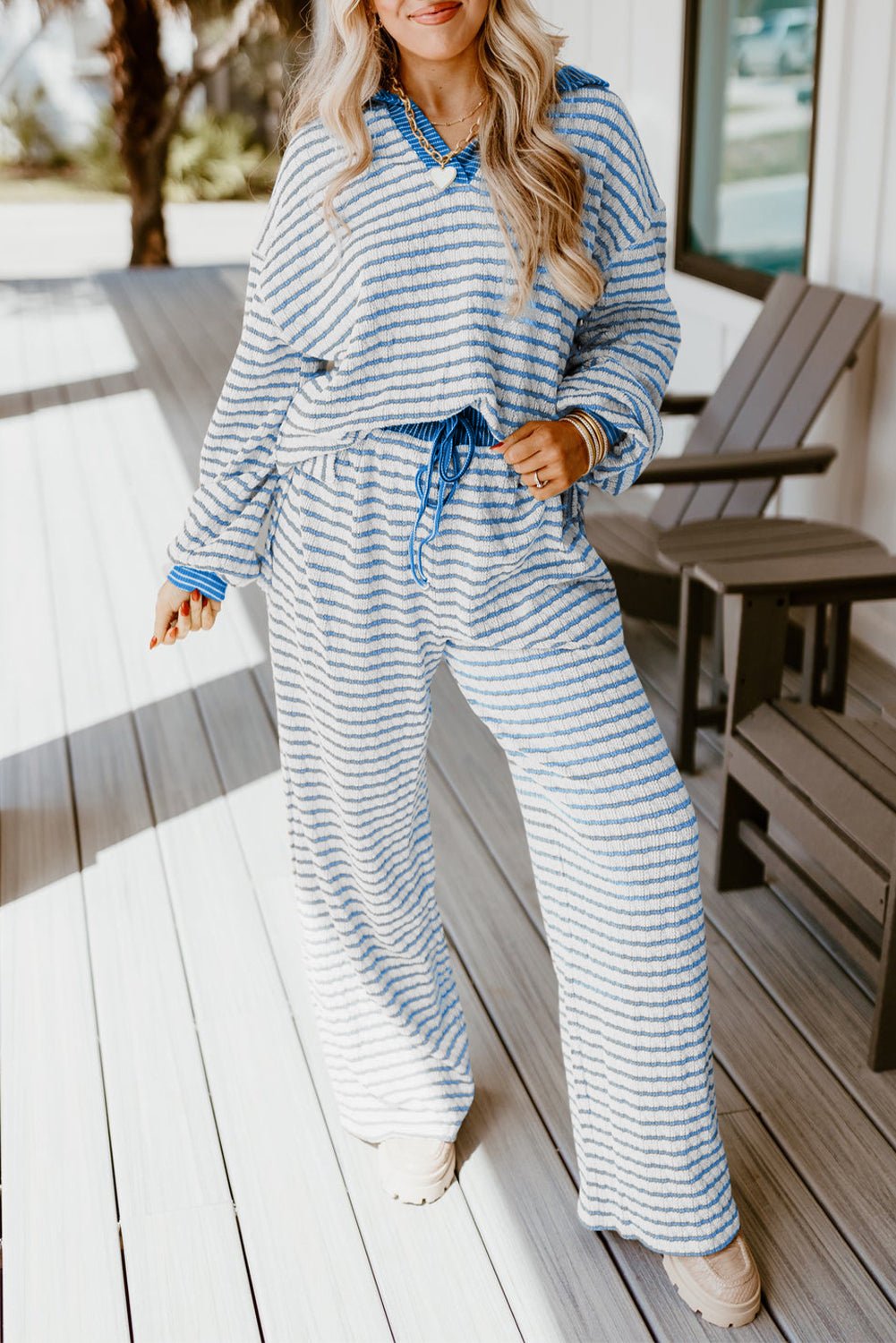 Sky Blue Stripe Textured Collared Pullover Top and Drawstring Pants Set - MAD RUFFI
