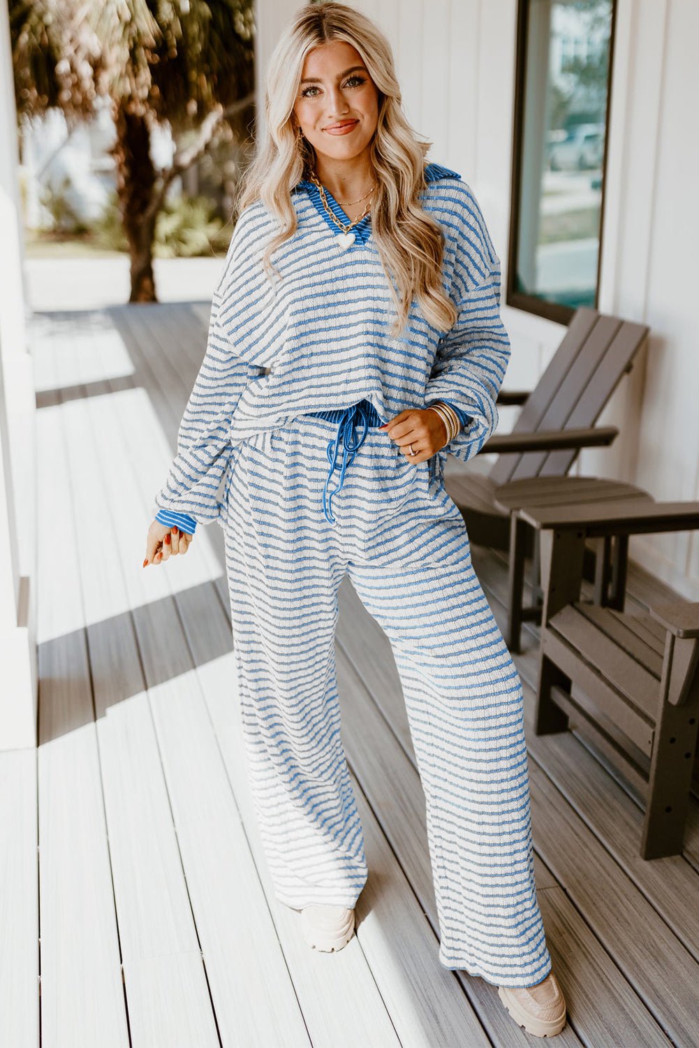Sky Blue Stripe Textured Collared Pullover Top and Drawstring Pants Set - MAD RUFFI