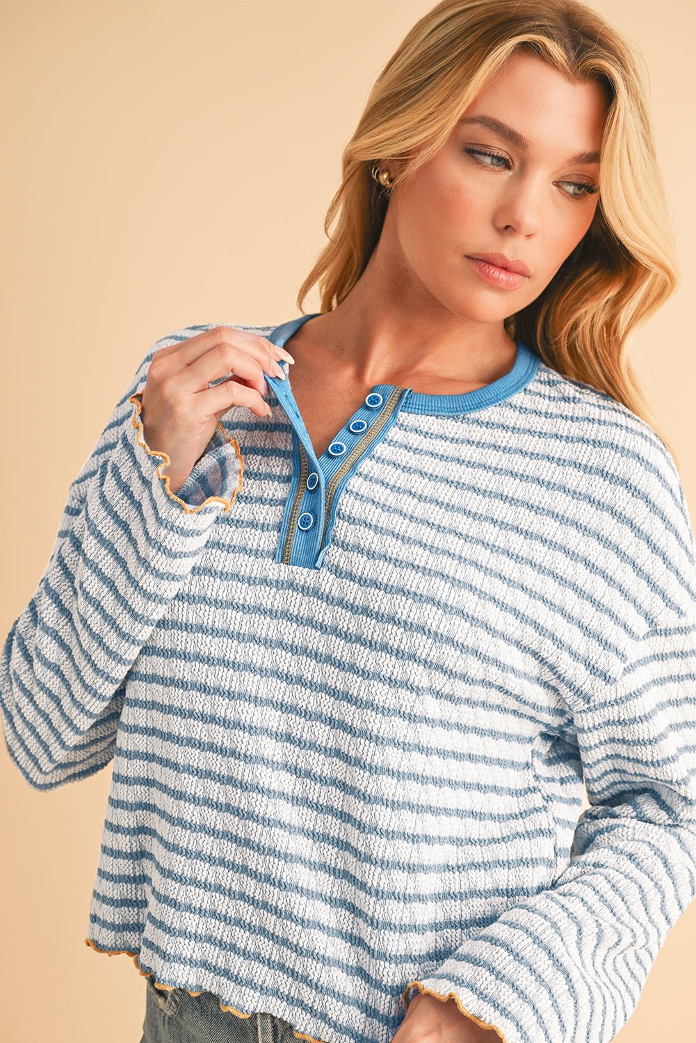 Sky Blue Stripe Textured Long Sleeve Henley Top - MAD RUFFI