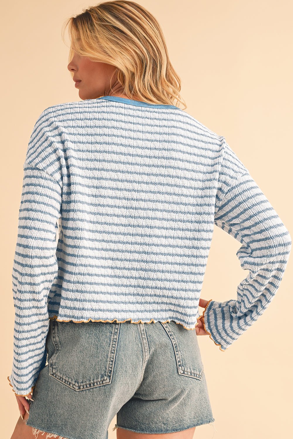 Sky Blue Stripe Textured Long Sleeve Henley Top - MAD RUFFI