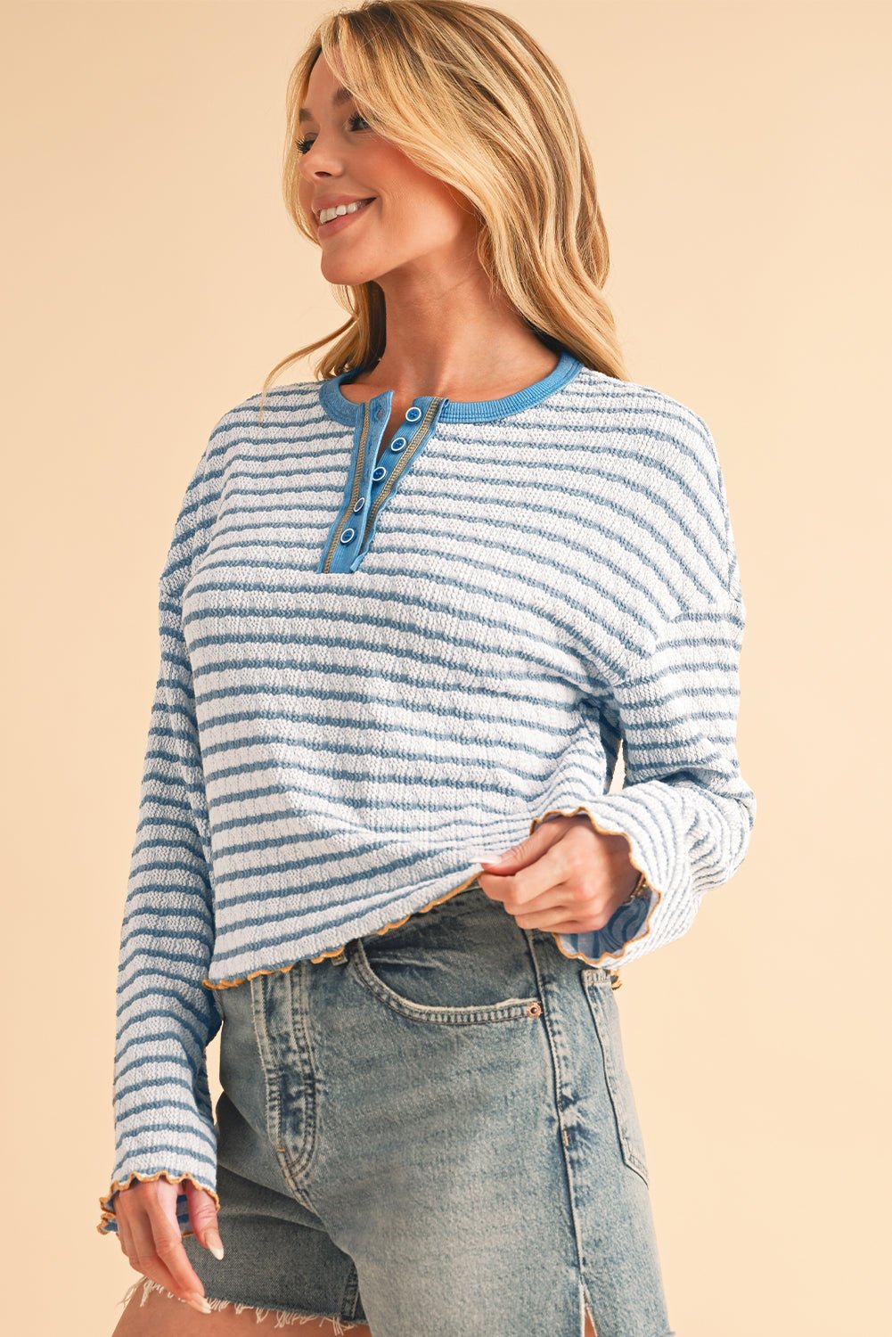 Sky Blue Stripe Textured Long Sleeve Henley Top - MAD RUFFI